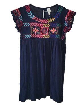 Chikas Yapas Navy Blue Embroidered Pleated Peasant Tunic Mini Dress